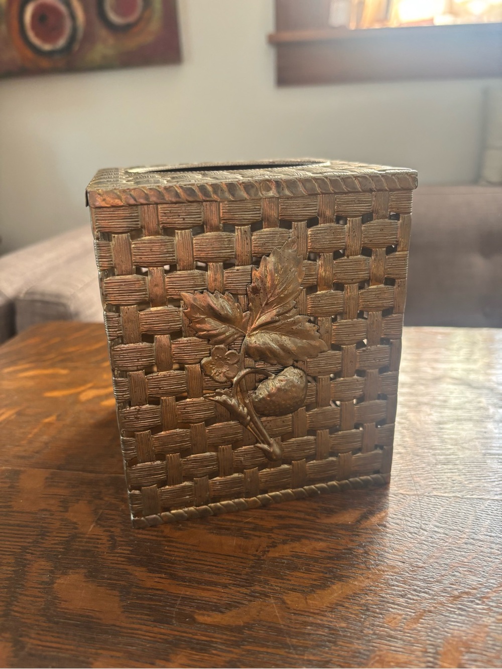 Woven Pattern Decorative Tissue Box Cover in Bronze tone
